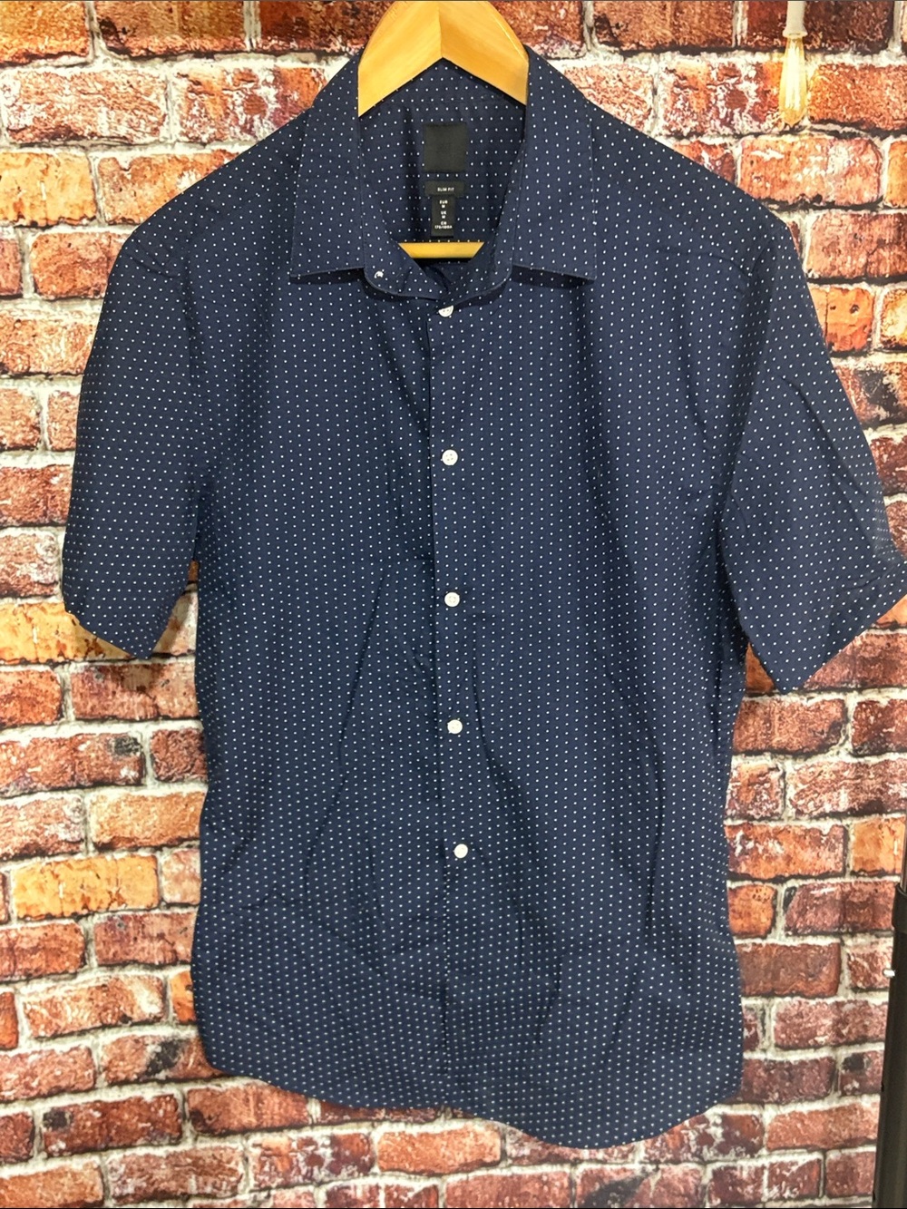H&M men’s Short-Sleeve Navy Dot Button-Up Shirt slim fit medium